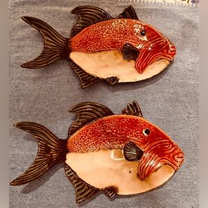 Pier 1 Imports Hand Painted 3D Porcelain Fish Shaped Plate 11.5” & 12”